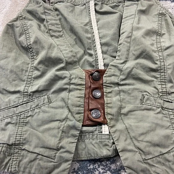 Y2K Calvin Klein Jeans Cropped Utility Vest Sz S Olive Green Leather Trim - Picture 5 of 6
